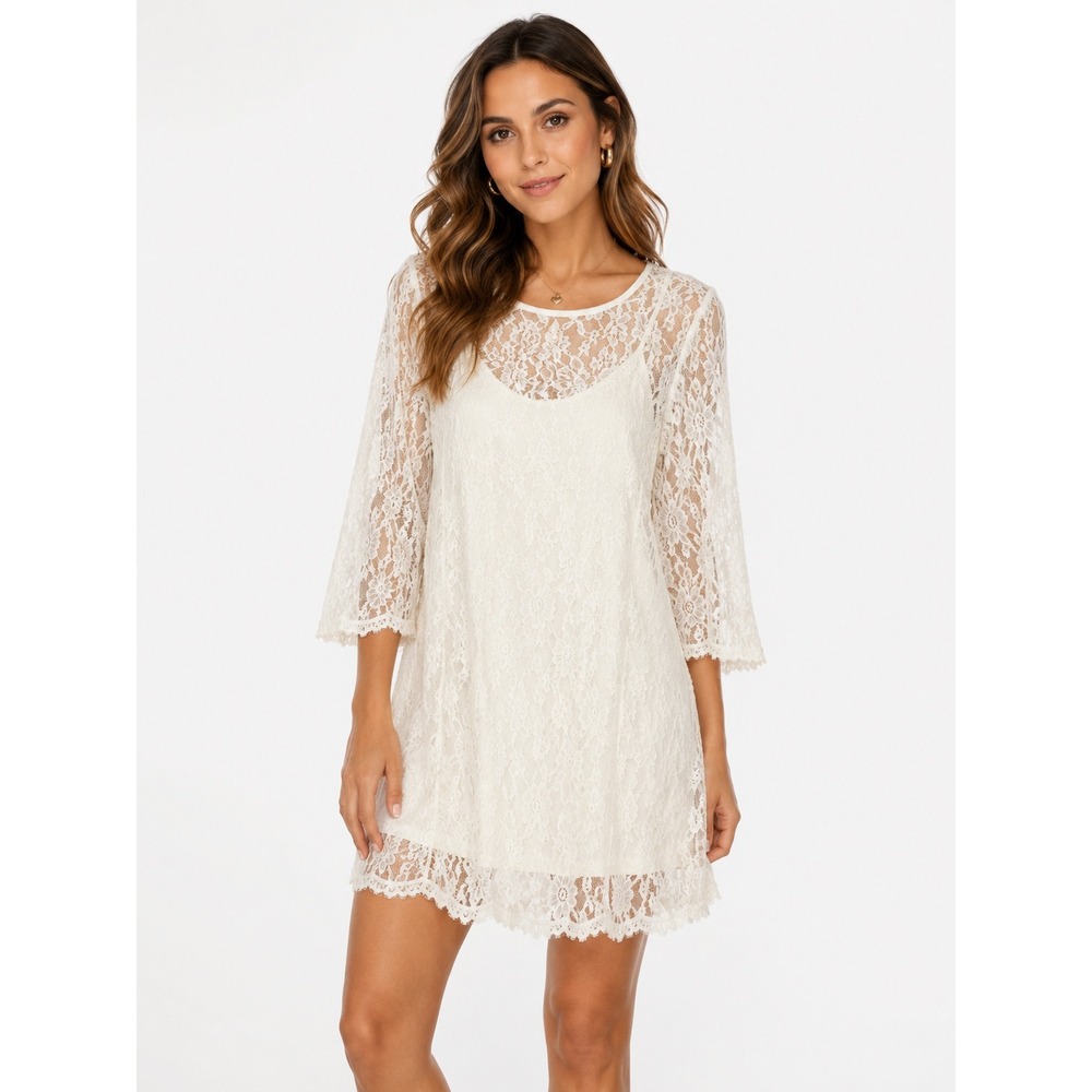 MASSINI Lace Mini Dress Bell Sleeve Womens S White NWT Boho Bridal Romantic‎